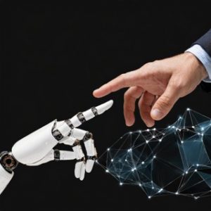 AI, Machine learning, Hands of robot and human touching on big data network connection background, Science and artificial intelligence technology, innovation and futuristic.